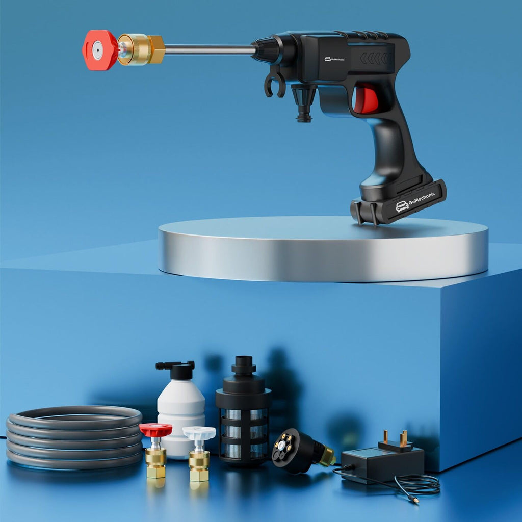 GoMechanic Car Washer High Pressure Gun | Cordless Pressure Washer with 2X Batteries & 5M Hose Pipe | Rechargeable & Portable | Use with Bucket | No Tap Required | Bike & Car Cleaner