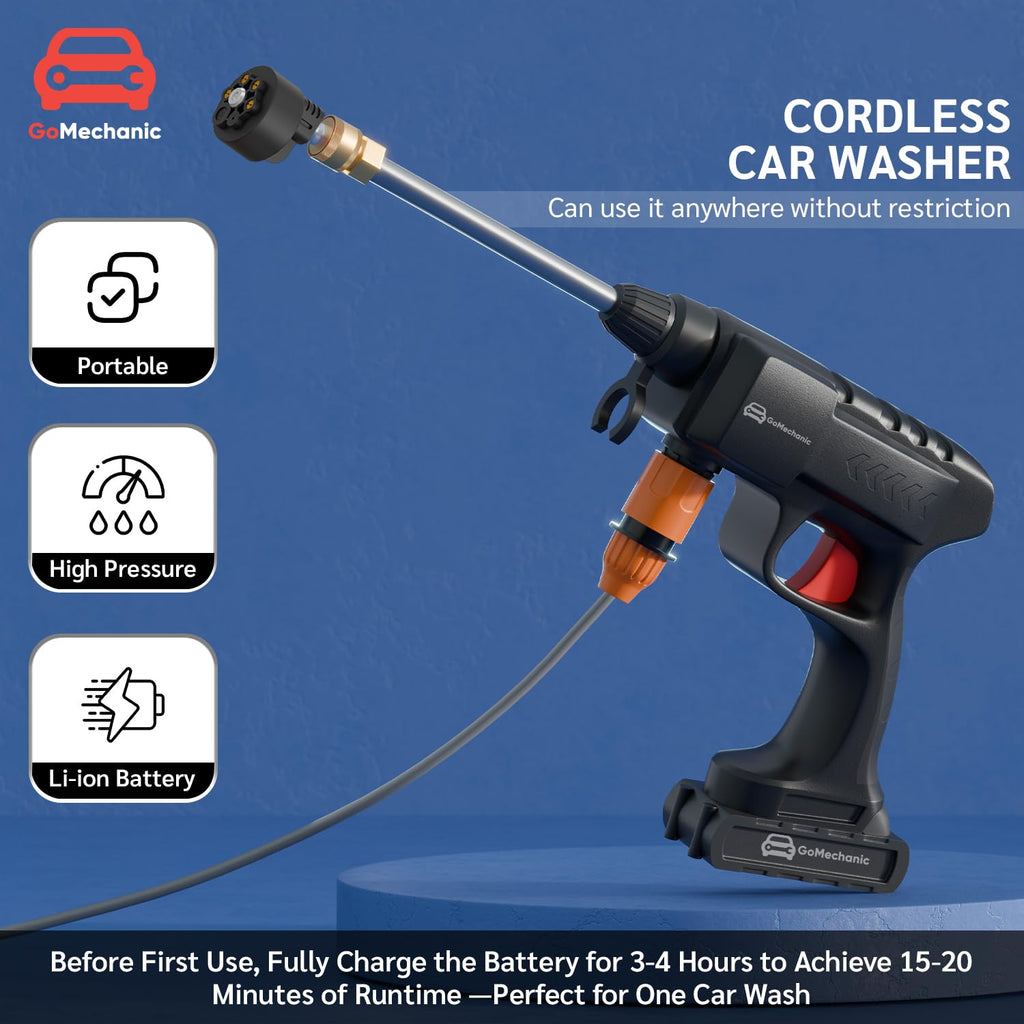 GoMechanic Car Washer High Pressure Gun | Cordless Pressure Washer with 2X Batteries & 5M Hose Pipe | Rechargeable & Portable | Use with Bucket | No Tap Required | Bike & Car Cleaner