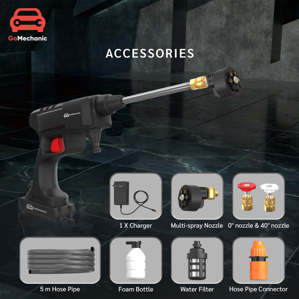 GoMechanic Car Washer High Pressure Gun | Cordless Pressure Washer with 2X Batteries & 5M Hose Pipe | Rechargeable & Portable | Use with Bucket | No Tap Required | Bike & Car Cleaner